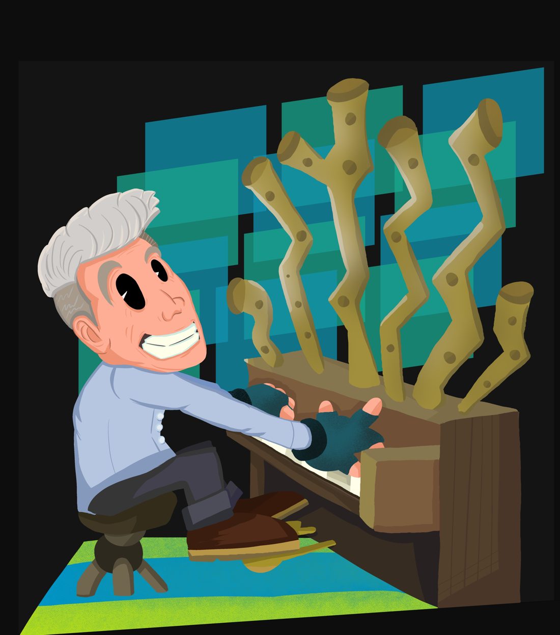 Illustration of Hans Latour at an organ whose pipes twist like branches